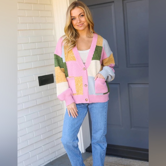 Checkered Patchwork Multi-Colored Knit Cardigan, Relaxed Fit, S & M - Picture 4 of 7